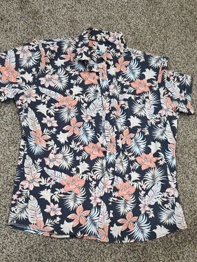 Apt. 9 Navy Short-Sleeve Button-Down with Peach Floral Print